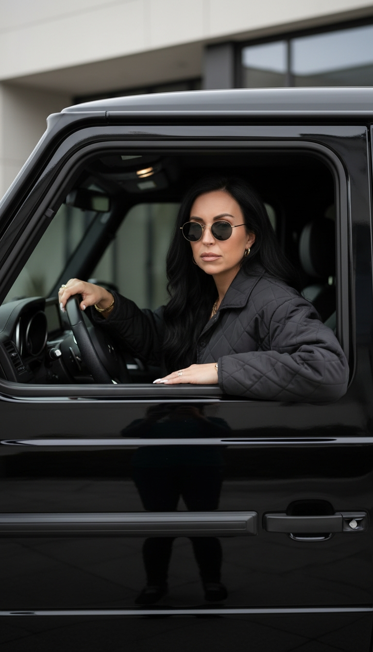 Boss Uncut founder in sunglasses behind the wheel of a black SUV