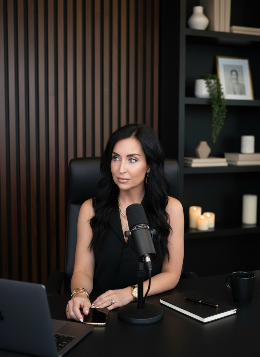 Boss Uncut founder recording at a black desk with a microphone and laptop